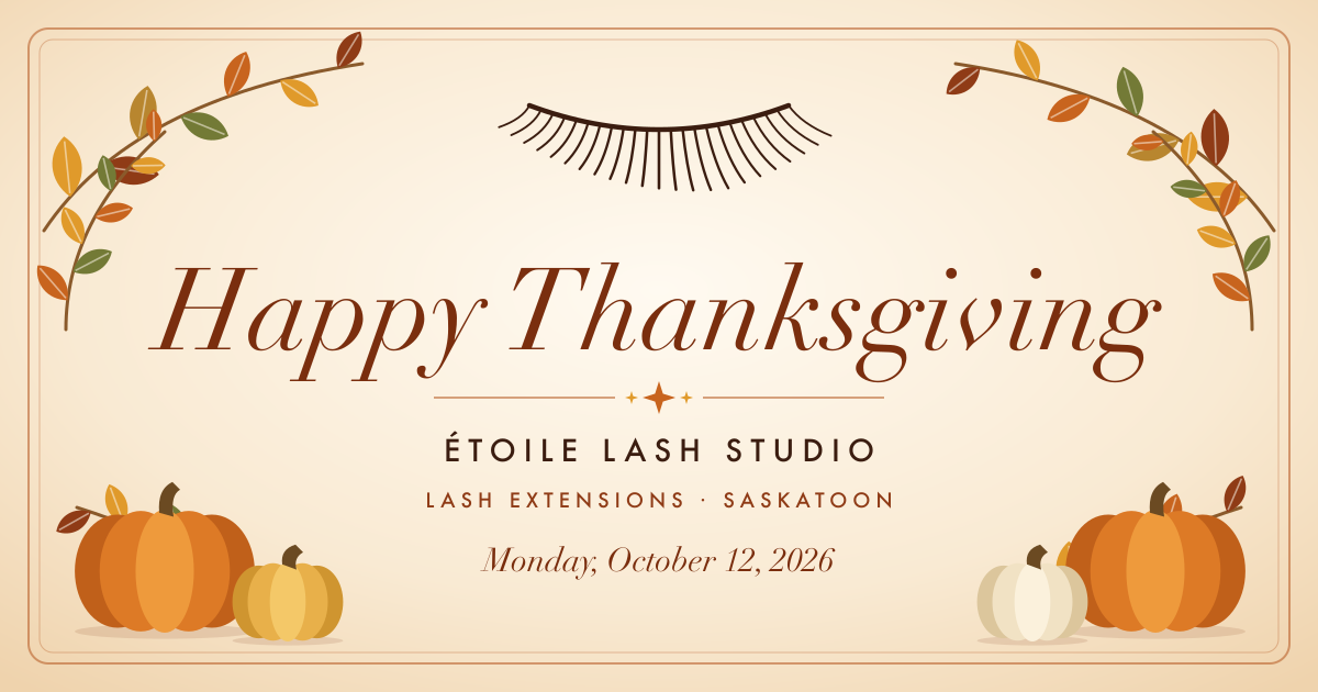 Happy Thanksgiving banner from Étoile Lash Studio in Saskatoon with autumn leaves, pumpkins, and a lash illustration